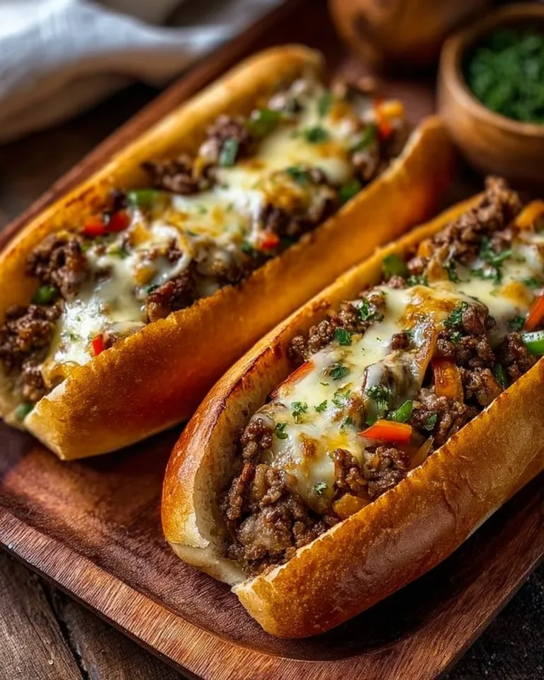 Ground Beef Philly Cheesesteaks topped with melted cheese in a toasted bun.