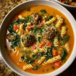 Bowl of hearty and creamy Italian sausage ditalini soup garnished with parsley.