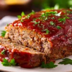 Traditional meatloaf by Ina Garten served with mashed potatoes and vegetables