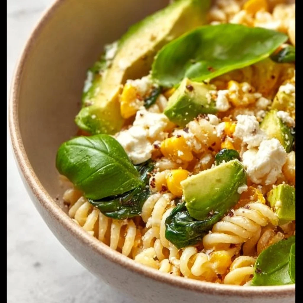 Juicy street corn pasta salad with fresh ingredients in a bowl