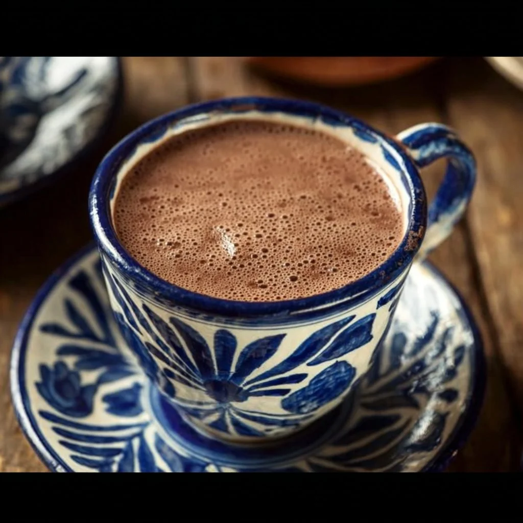 A cup of rich Mexican Hot Chocolate topped with whipped cream and chocolate shavings.