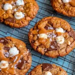 Freshly baked Pumpkin S'mores Cookies with chocolate and marshmallows