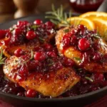 Skillet Cranberry Orange Chicken garnished with fresh cranberries and orange slices.