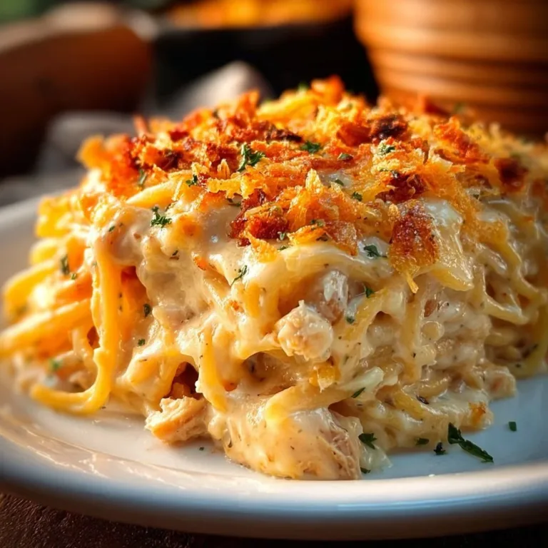 Delicious Spicy Southern Cheesy Chicken Spaghetti Casserole with melted cheese
