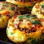 Delicious stuffed mashed potato nests filled with tasty ingredients.