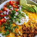 Delicious Taco Rice Bowl topped with seasoned beef, cheese, and fresh toppings.