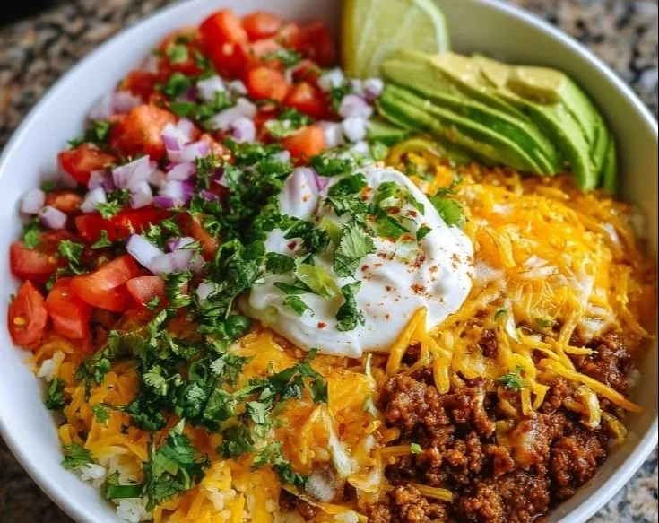 Delicious Taco Rice Bowl topped with seasoned beef, cheese, and fresh toppings.