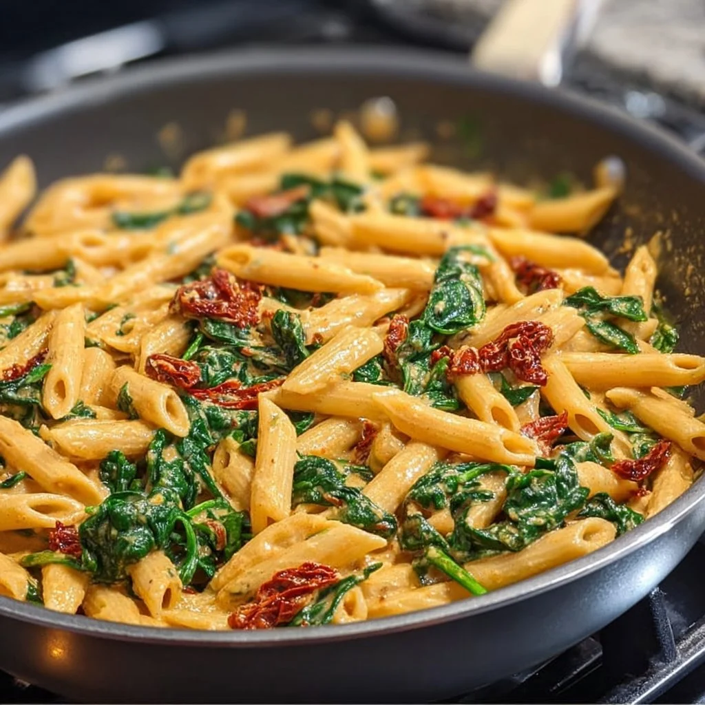 Delicious spinach tomato pasta served in a bowl with fresh herbs
