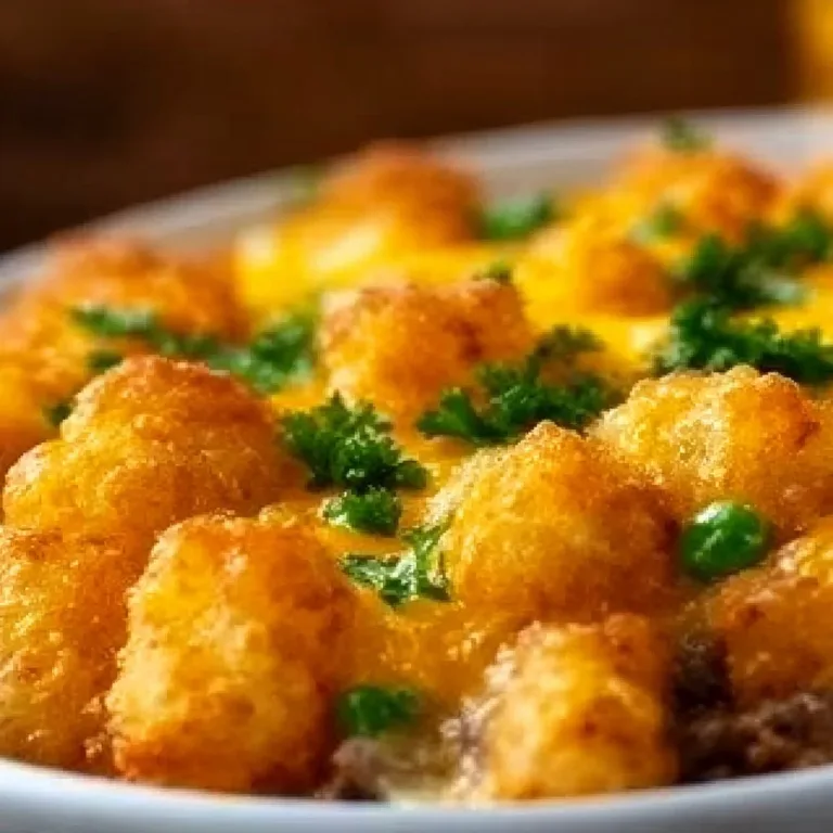 Deliciously cheesy Tater Tot Casserole served in a baking dish.