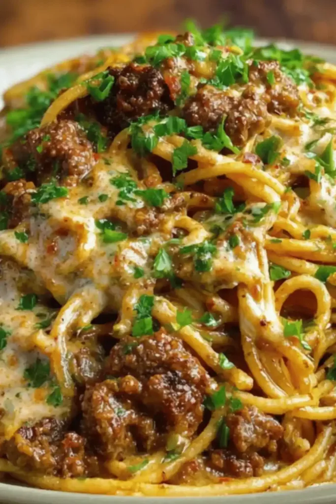 Cajun Beef Spaghetti with Three-Cheese Sauce recipe