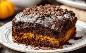 Delicious slice of Chocolate Pumpkin Cake topped with chocolate ganache and pumpkin seeds.