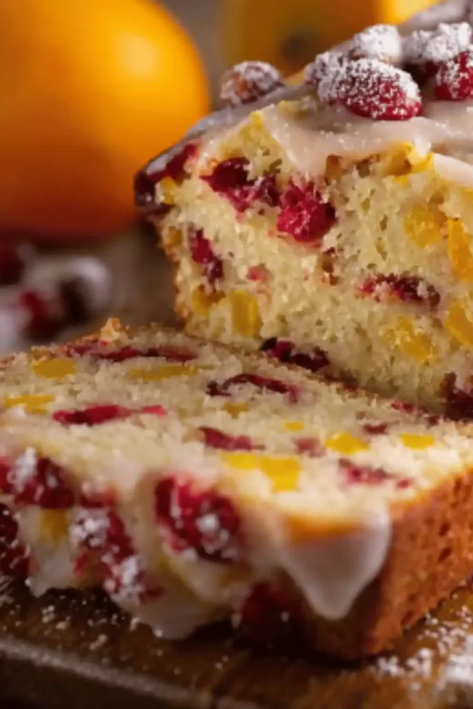 Sliced Cranberry Orange Loaf on a wooden board with orange slices