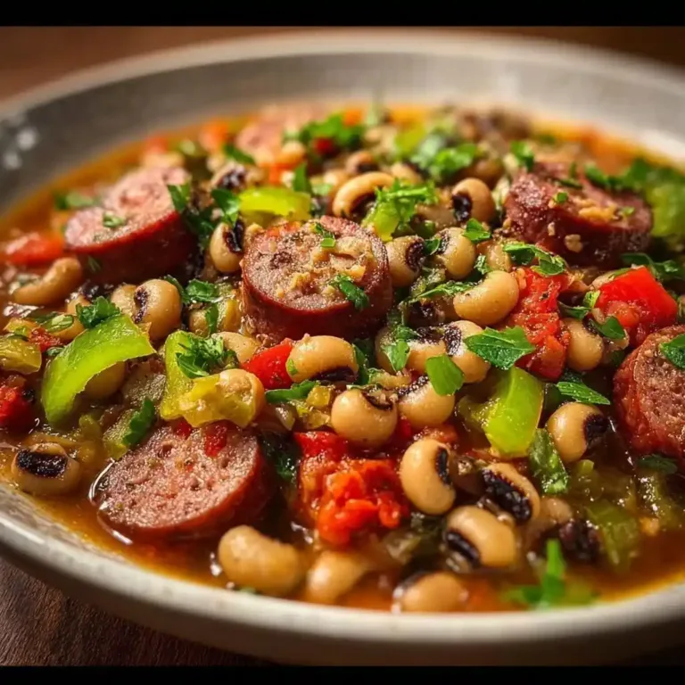 Bowl of spicy Creole Black-Eyed Peas with sausage garnished with herbs