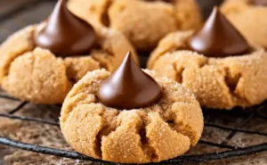 Delicious homemade Peanut Butter Blossoms cookies with chocolate kisses on top.
