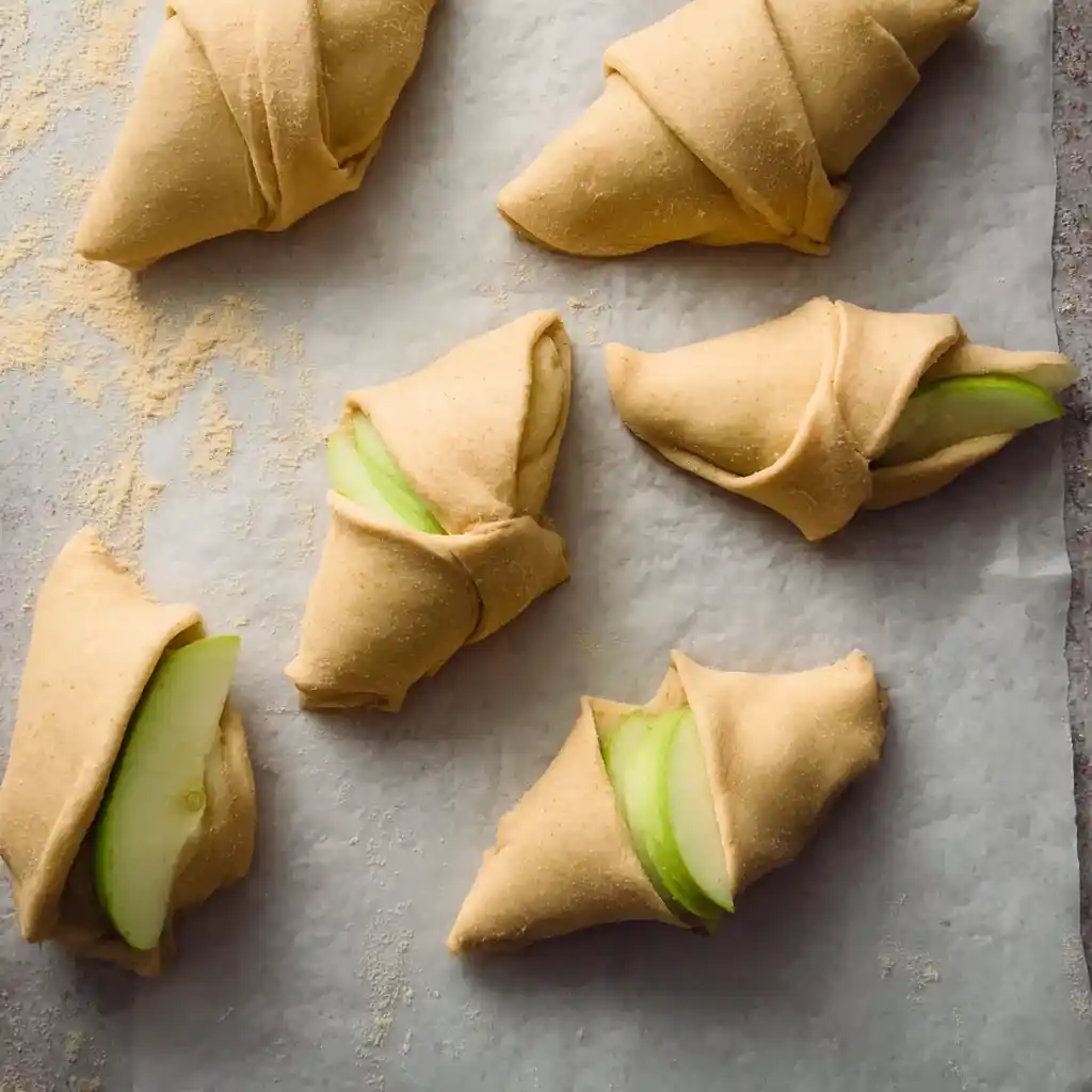 Roll each apple wedge in crescent roll dough starting at the smallest end