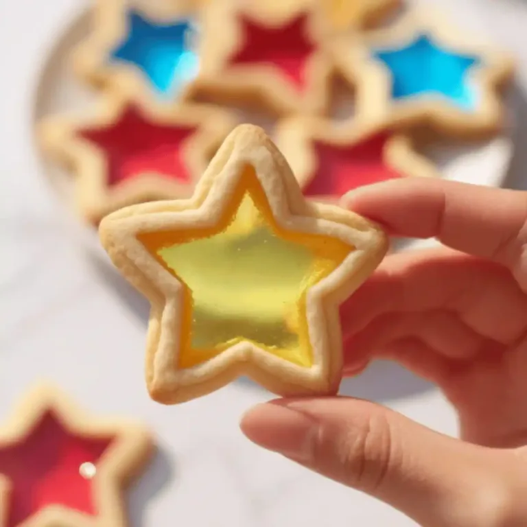 Stained glass cookies with colorful candy centers glowing in the light on a baking rack.