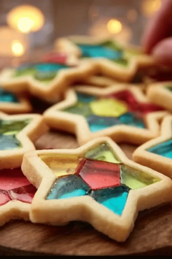 Finished stained glass cookies cooling on a wire rack after baking.