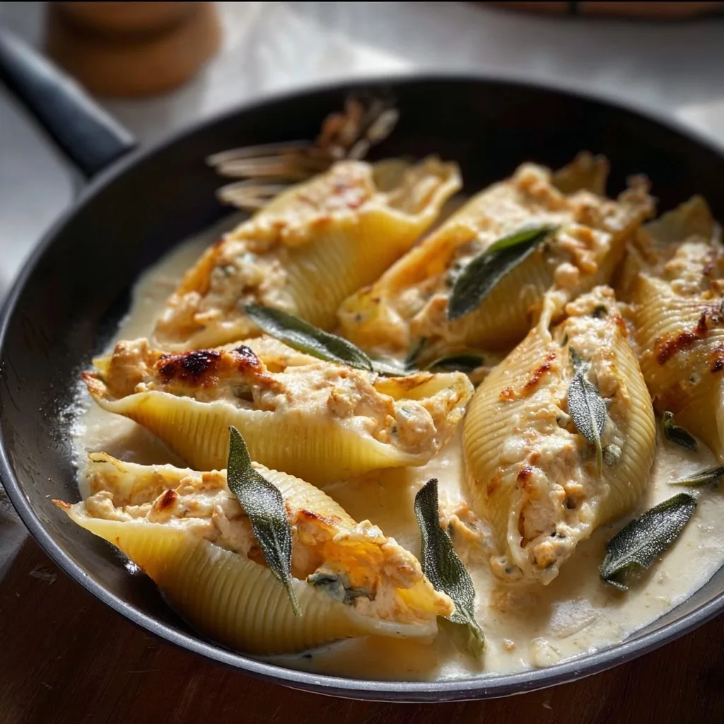 Pumpkin & Gouda Stuffed Shells with Brown Butter Sage Alfredo Sauce