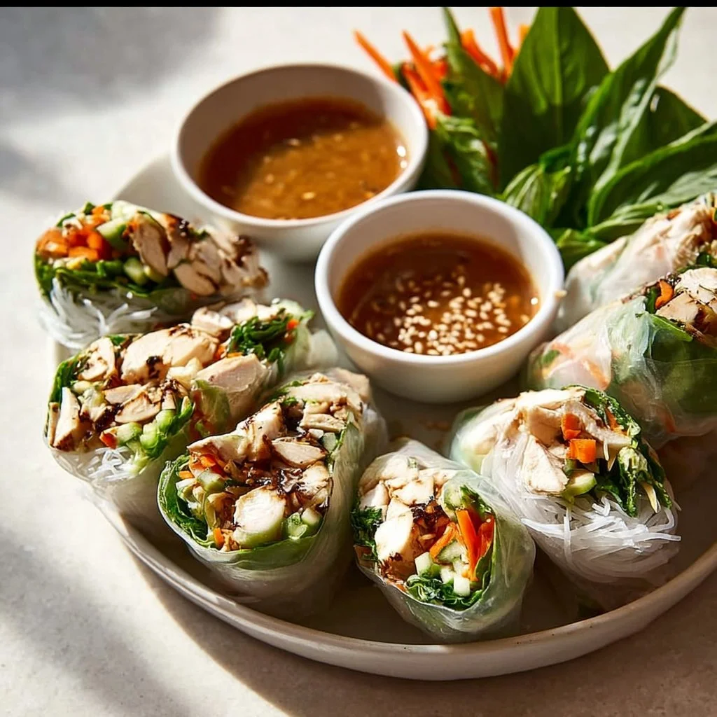 Delicious authentic Vietnamese Chicken Summer Rolls with fresh ingredients