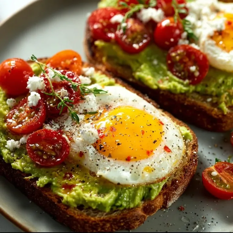 Baked avocado egg toast served on a plate, garnished with herbs.