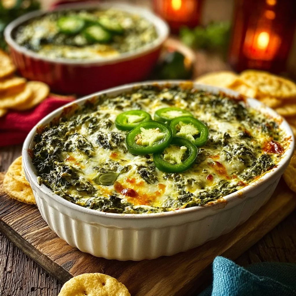 Baked jalapeño spinach dip served in a dish with fresh herbs