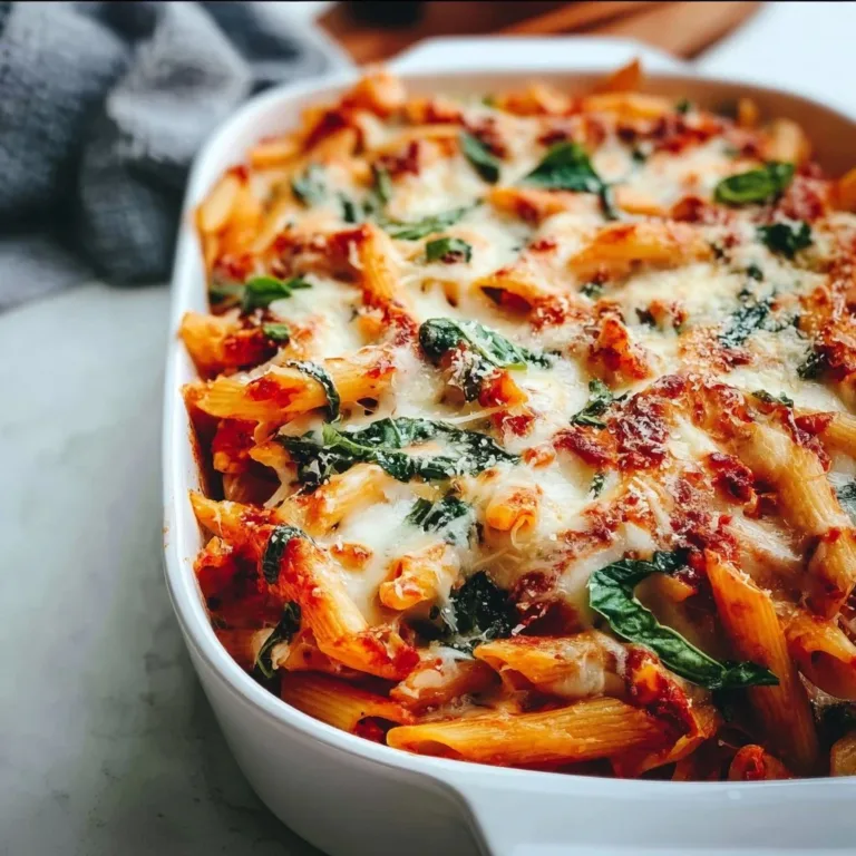 Baked penne pasta with melted mozzarella, a comforting Italian dish