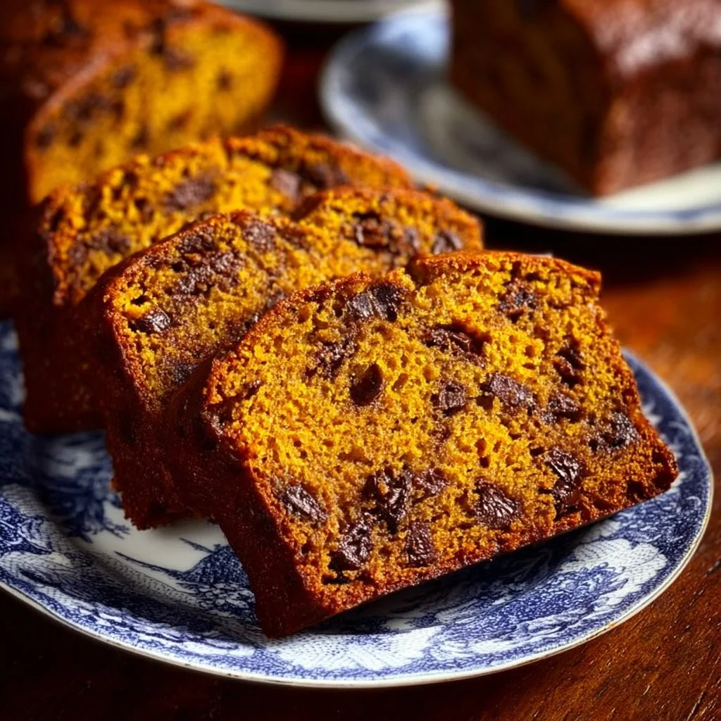 Loaf of banana chocolate chip pumpkin bread on a wooden table