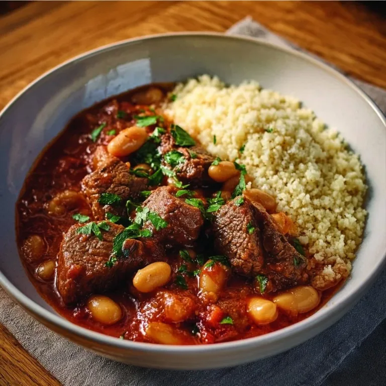 Delicious beef and white bean stew with cumin served in a bowl