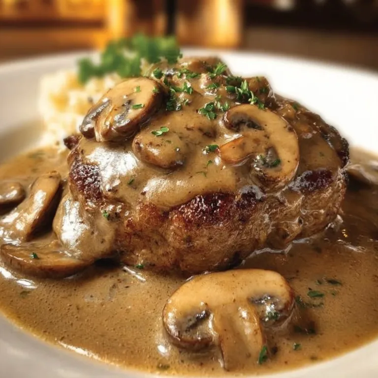 Beef patties served in creamy mushroom gravy with garnishes.