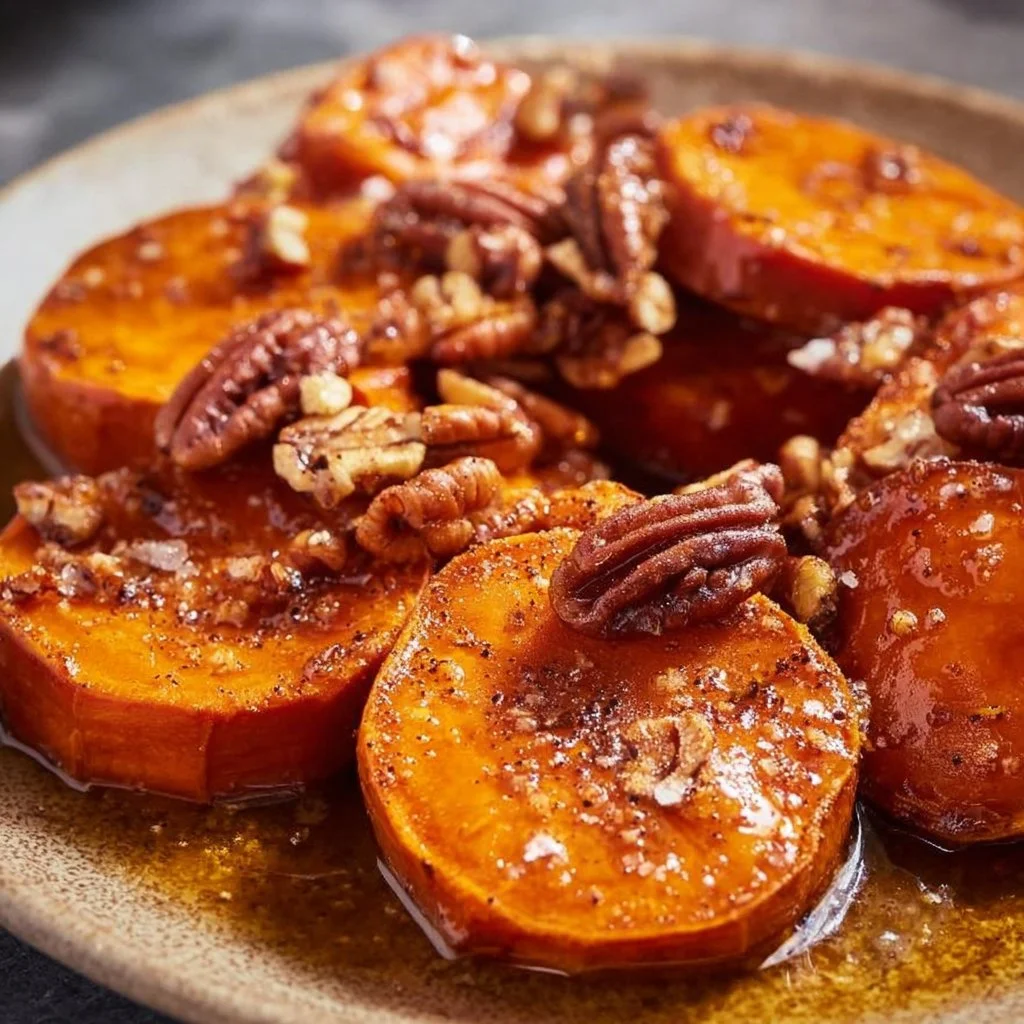 Bourbon Sweet Potatoes garnished and served in a dish