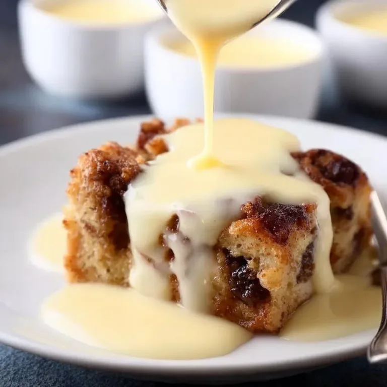 Delicious bread pudding served with rich vanilla custard sauce