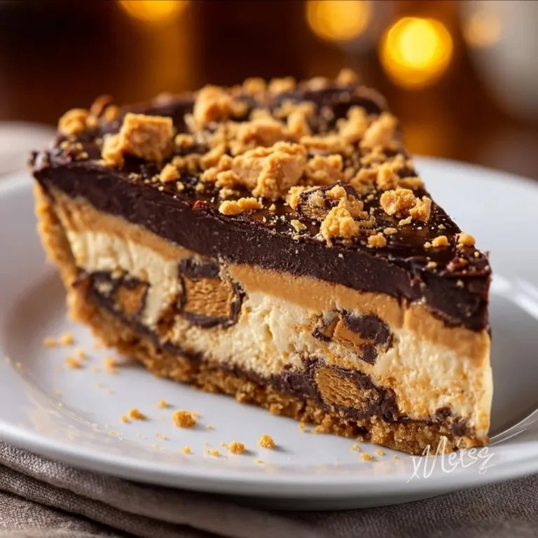 Delicious Butterfinger Pie with peanut butter topped with chocolate and crushed Butterfinger