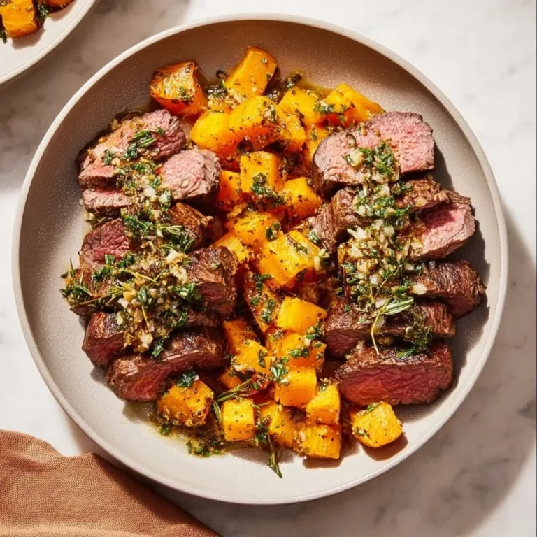 Butternut squash steak garnished with garlic and herbs on a plate