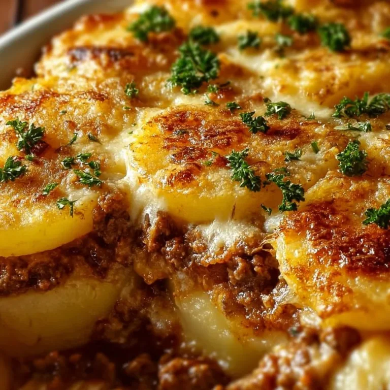 Cheesy potato and beef casserole topped with melted cheese and herbs