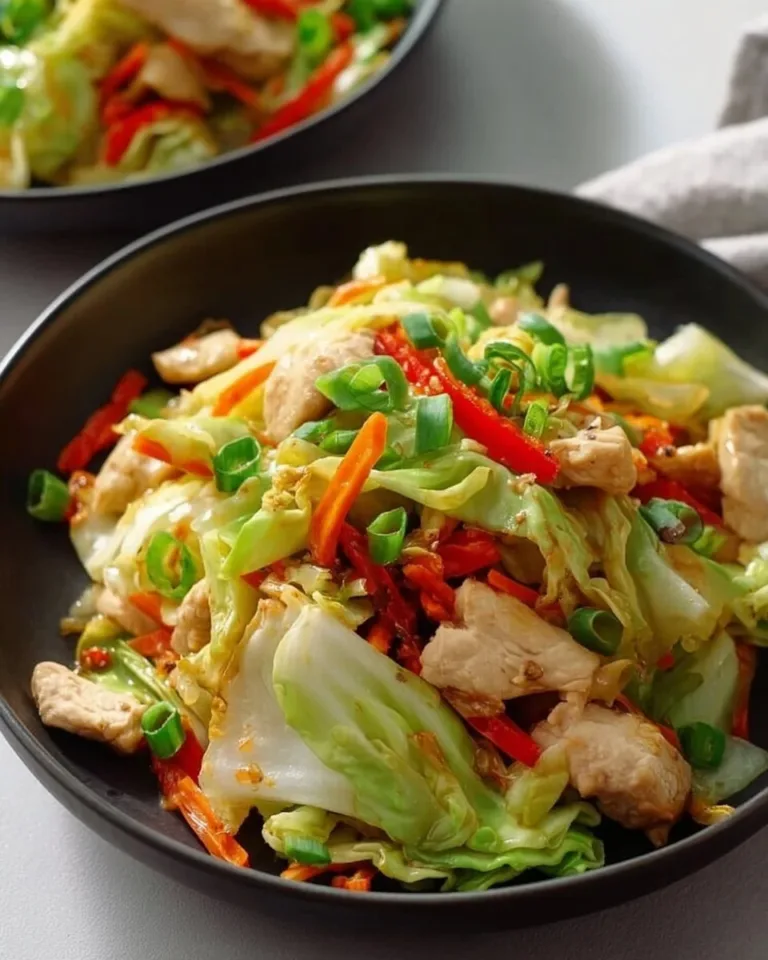 Chicken and cabbage stir-fry dish garnished with colorful vegetables