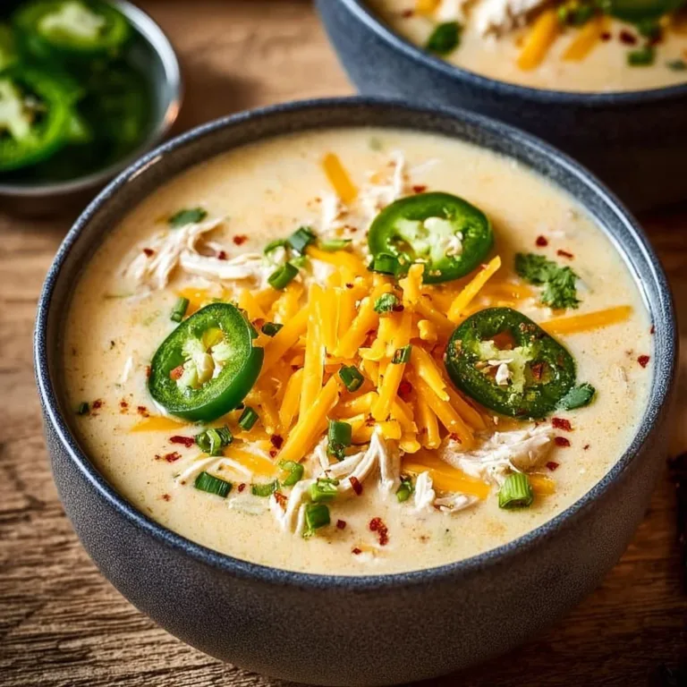 Bowl of Chicken Jalapeno Popper Soup with jalapenos and chicken pieces
