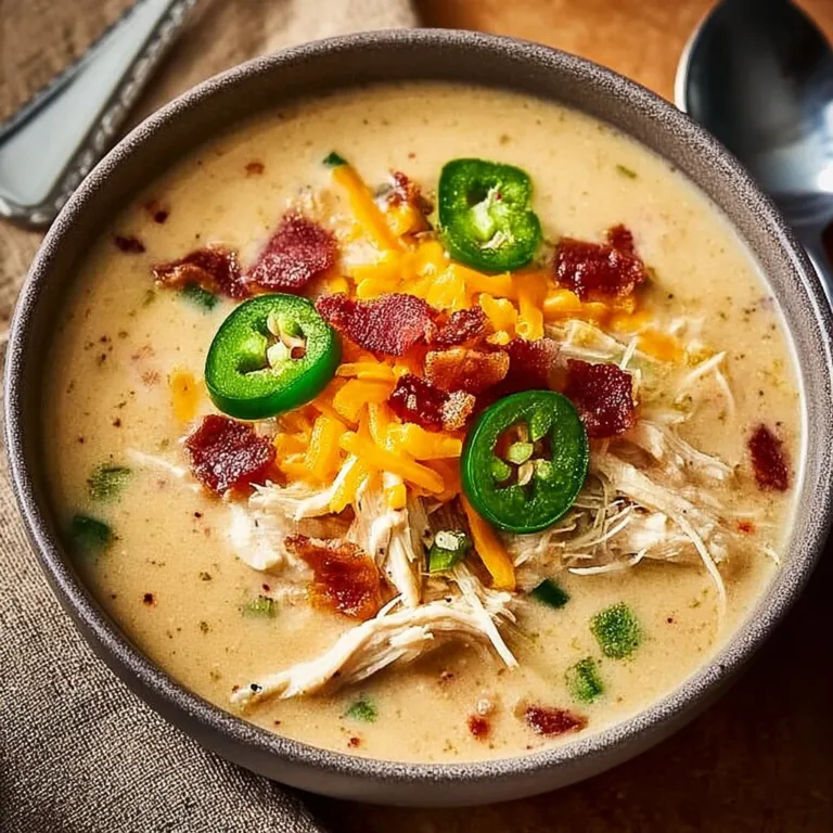 A bowl of spicy Chicken Jalapeno Popper Soup topped with cheese and jalapenos.
