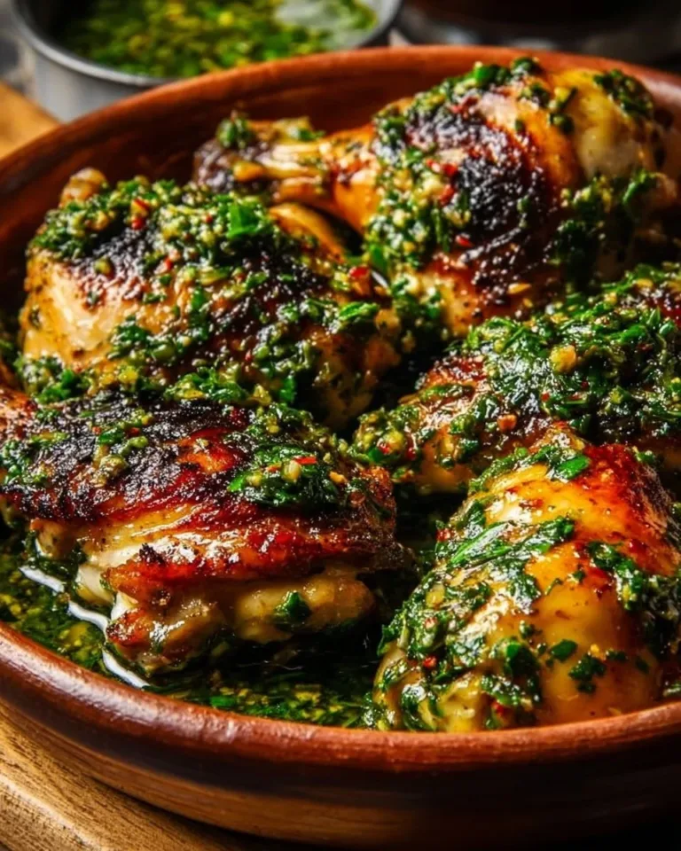 Delicious plate of Chimichurri Chicken drizzled with vibrant green sauce