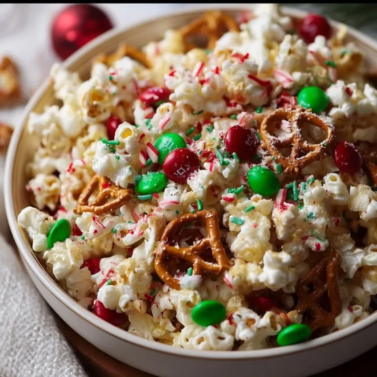 Colorful and festive Christmas popcorn in a holiday-themed bowl.