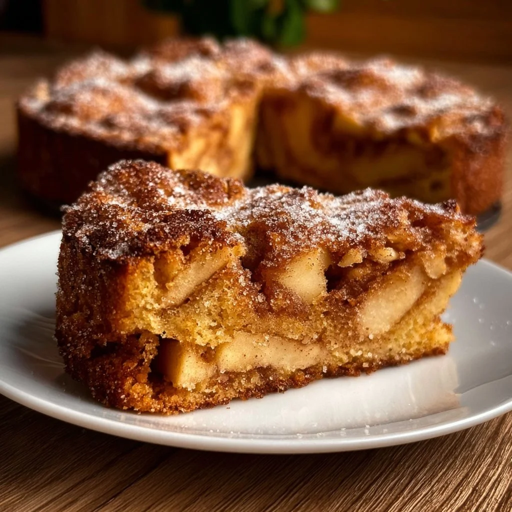Homemade Cinnamon Apple Cake topped with cinnamon and apple slices