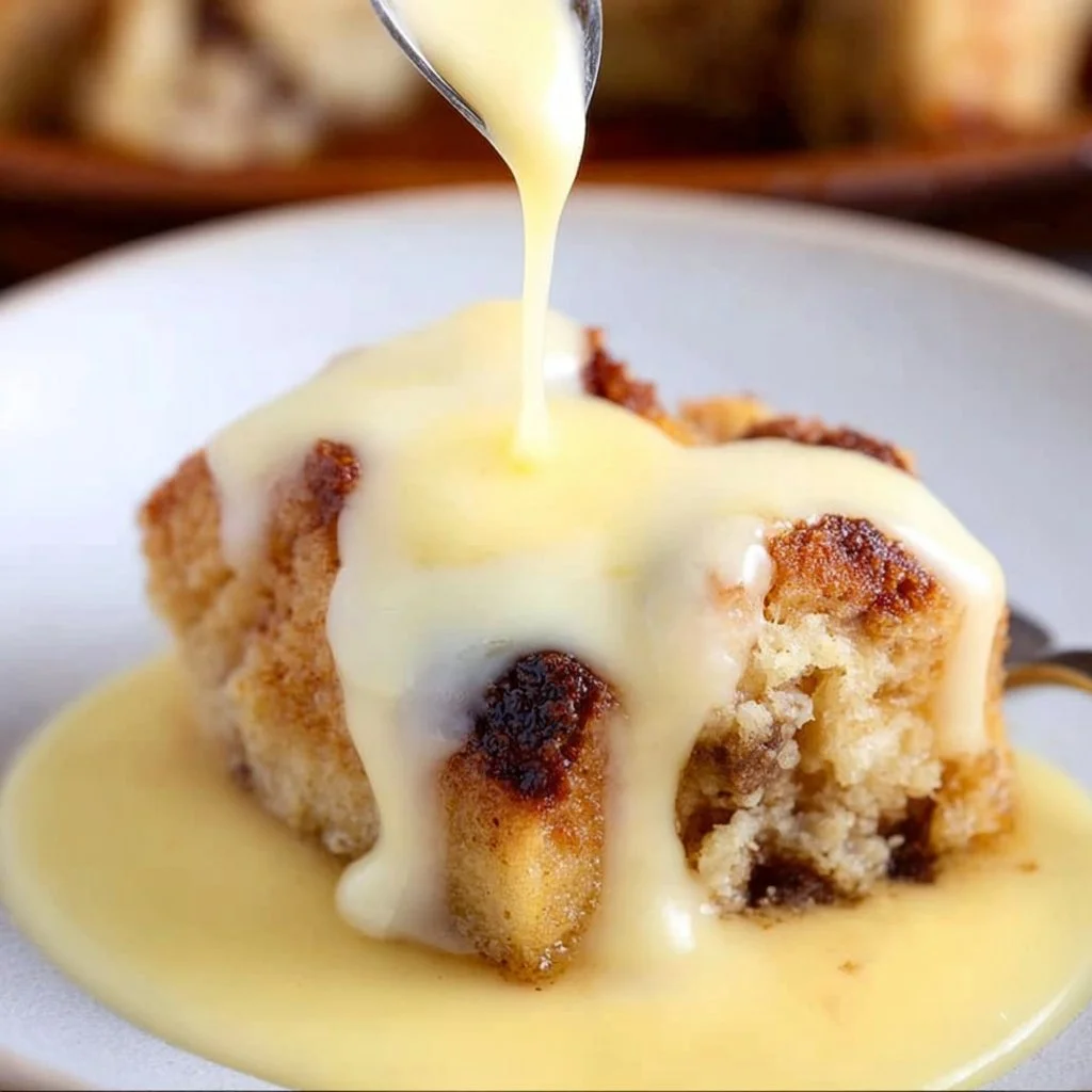 Delicious cinnamon raisin bread pudding served in a cozy dish