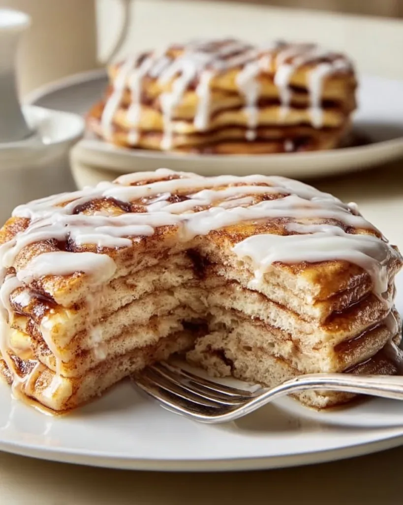 Cinnamon roll pancake bake with icing drizzled on top and cinnamon swirls