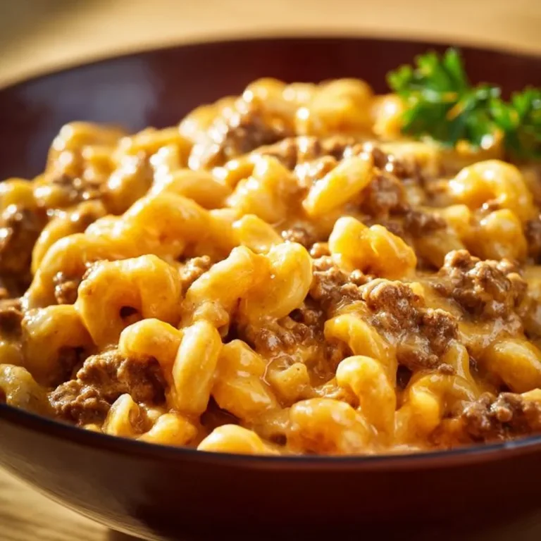 Classic Hamburger Helper served in a bowl with toppings