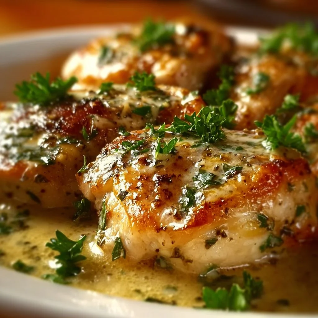Cozy creamy garlic butter parmesan chicken dish garnished with herbs.