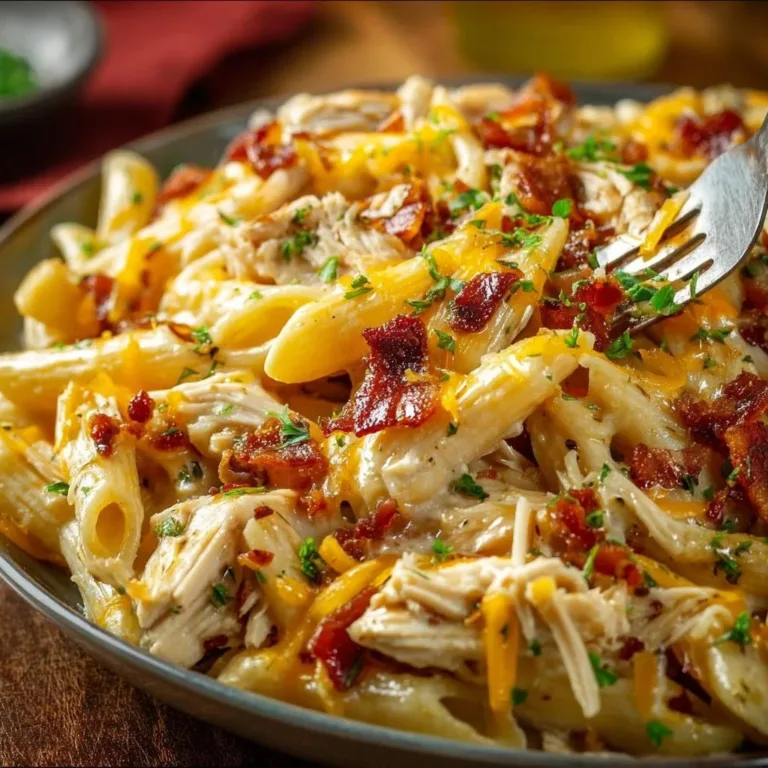 Delicious Crack Chicken Penne served in a bowl topped with herbs and cheese.