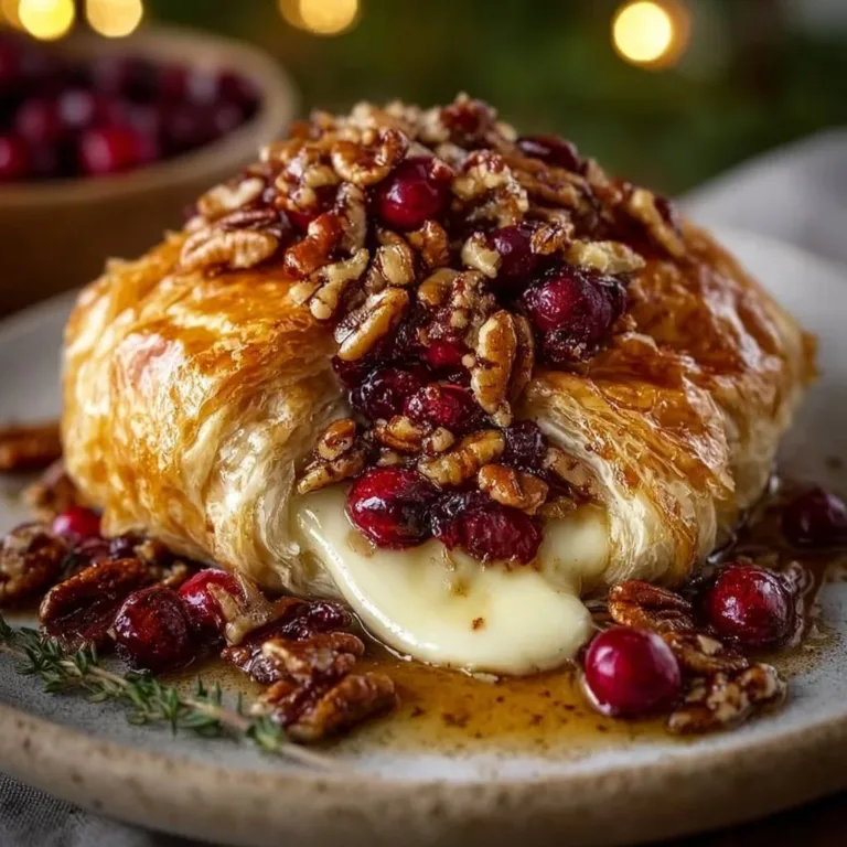 Cranberry Pecan Brie encased in golden puff pastry, garnished with nuts.
