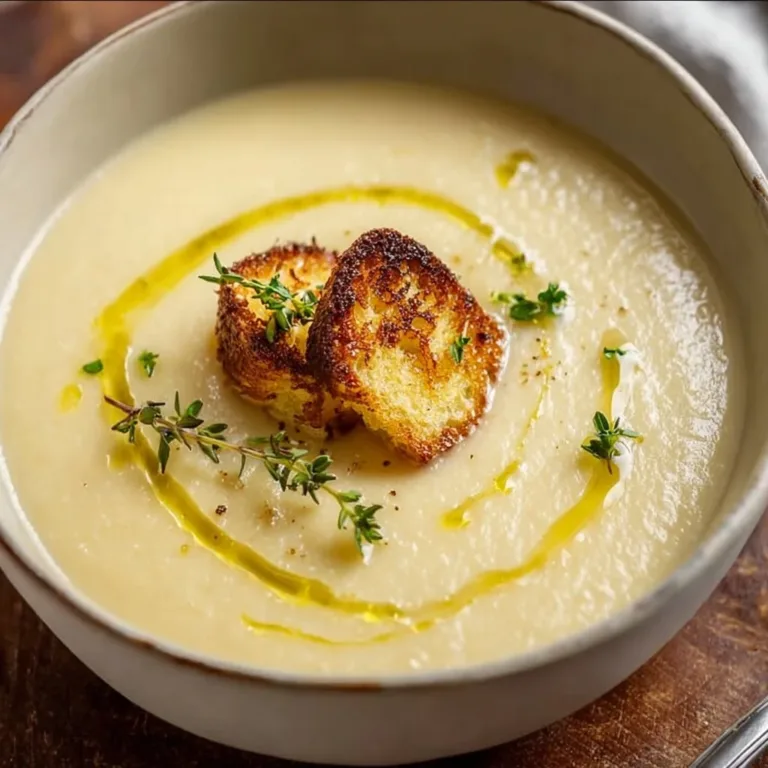 Bowl of creamy cauliflower soup topped with herbs and spices