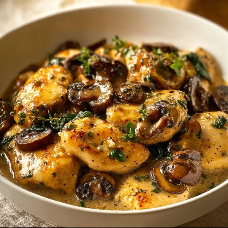 Creamy garlic chicken with mushrooms - a flavorful and comforting dish.