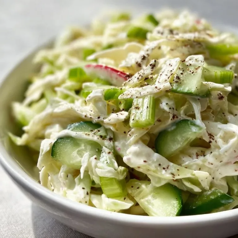 Creamy peppery coleslaw with cucumbers and celery served in a bowl