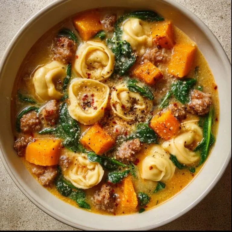 Bowl of creamy sausage tortellini soup garnished with herbs and pepper